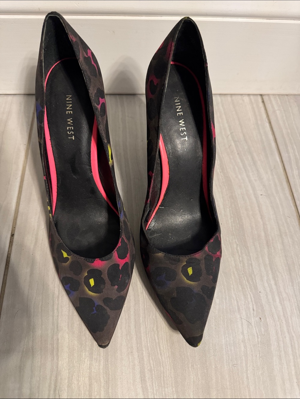Nine West Black Leopard Print Pointed-Toe Pumps with Neon Accents